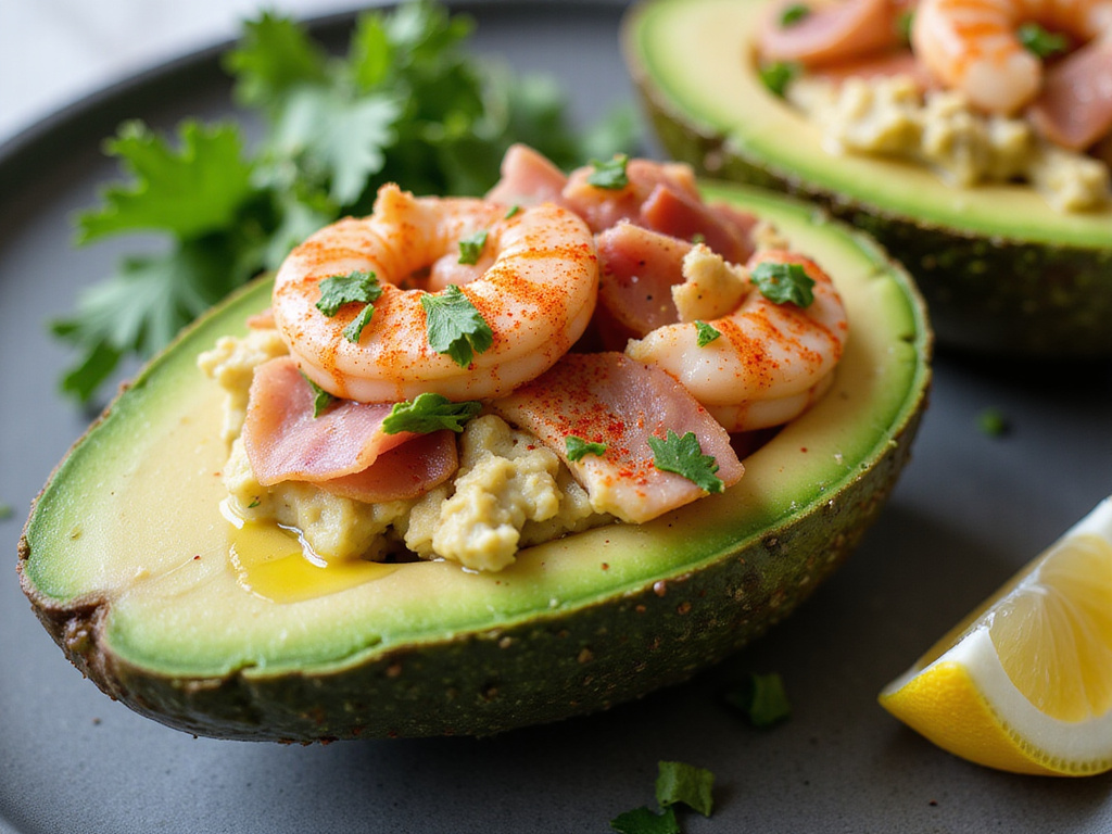 Aguacate relleno de gambas y jamón serrano (Keto)