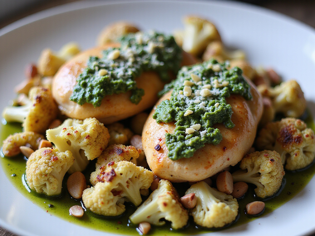 Pollo al pesto con coliflor al horno