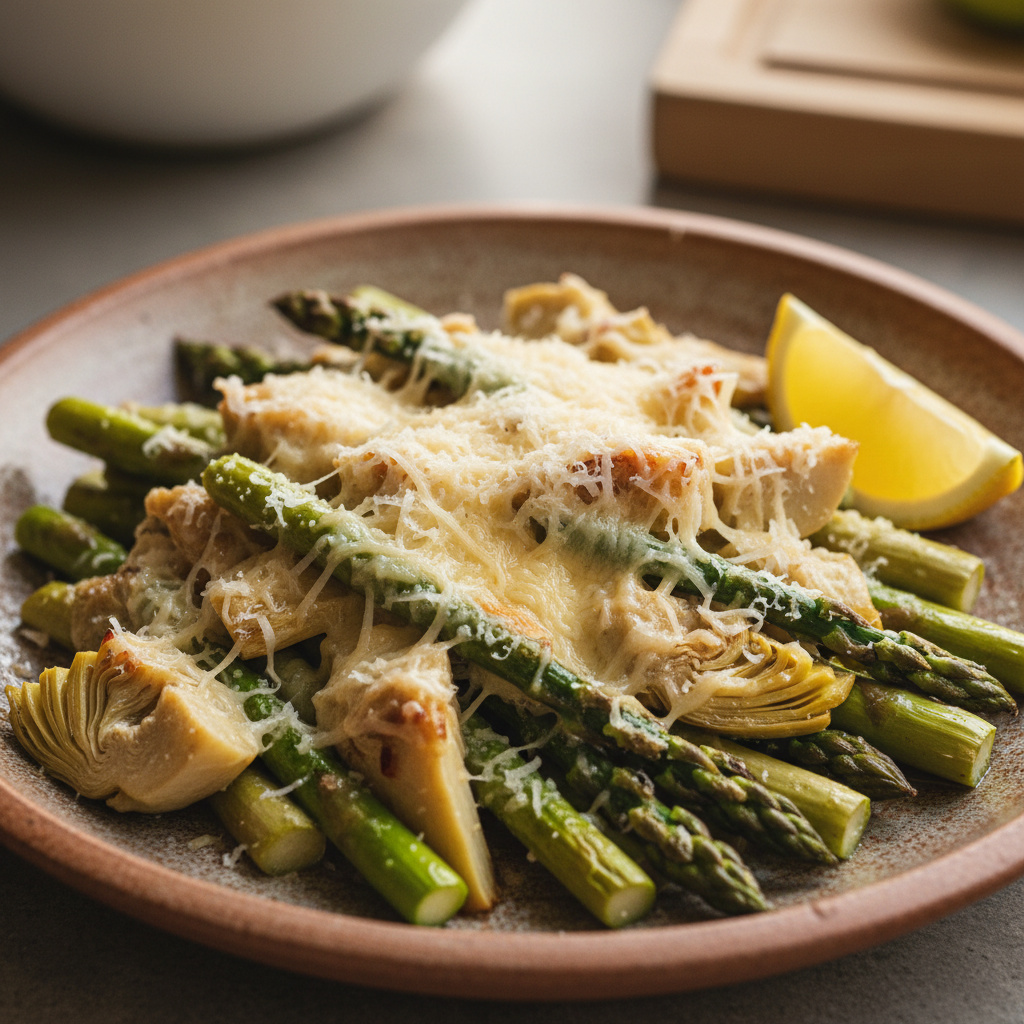 Alcachofas y Espárragos al Horno con Queso Keto