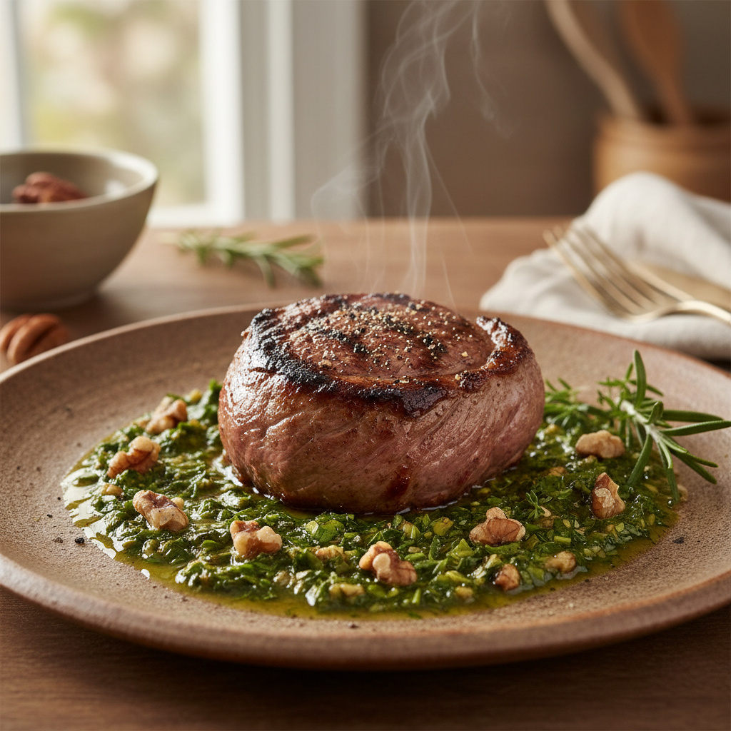 Tournedos de Cordero con Salsa de Hierbas y Nueces Keto