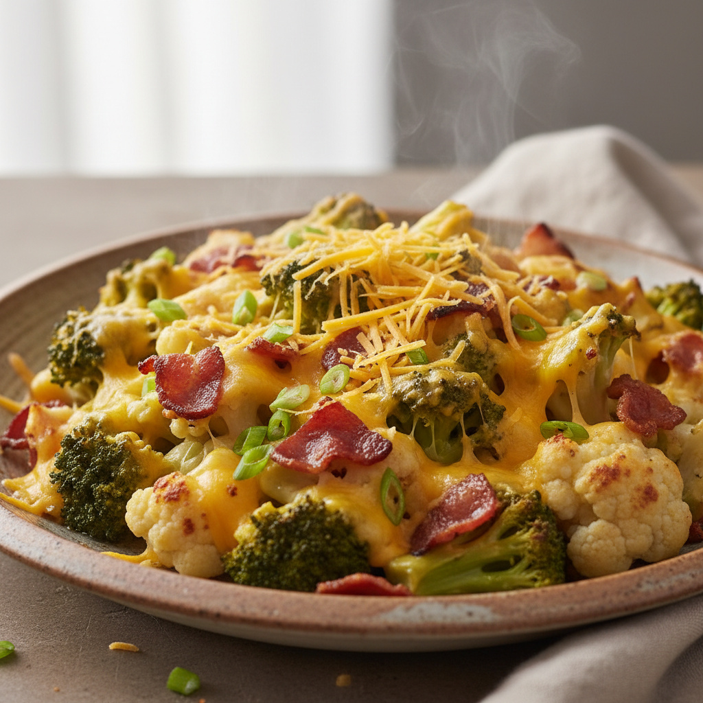Gratinado de Brócoli y Coliflor con Queso y Tocino Keto