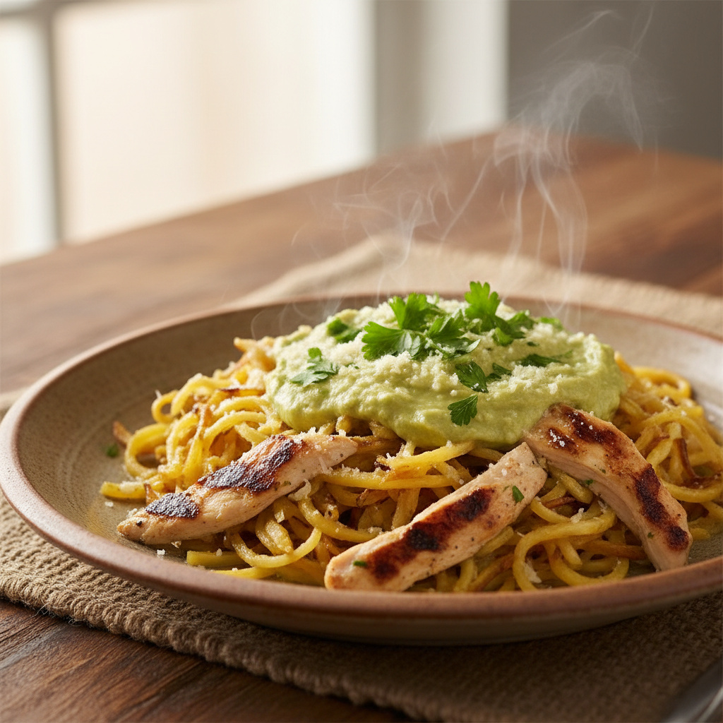 Calabaza Espagueti con Salsa de Aguacate y Pollo Keto