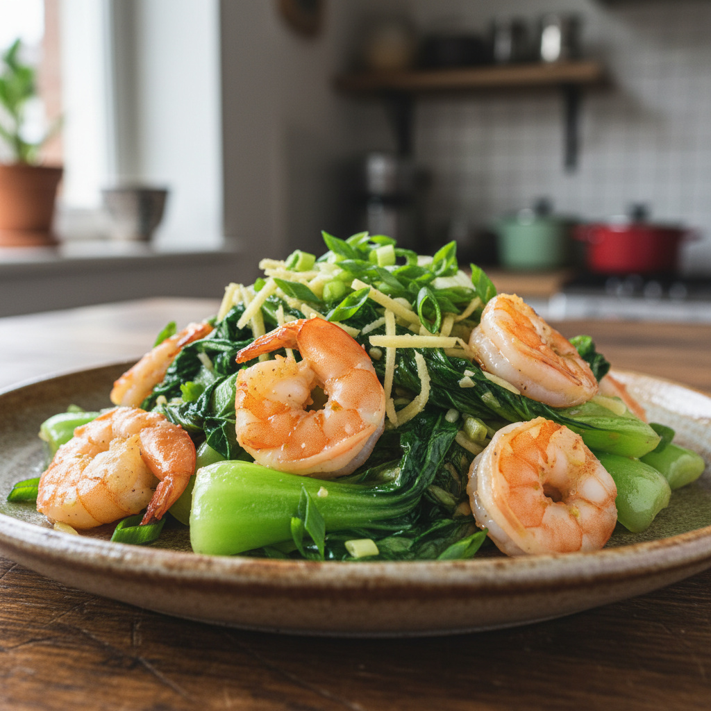 Bok Choy Salteado con Camarones y Jengibre Keto