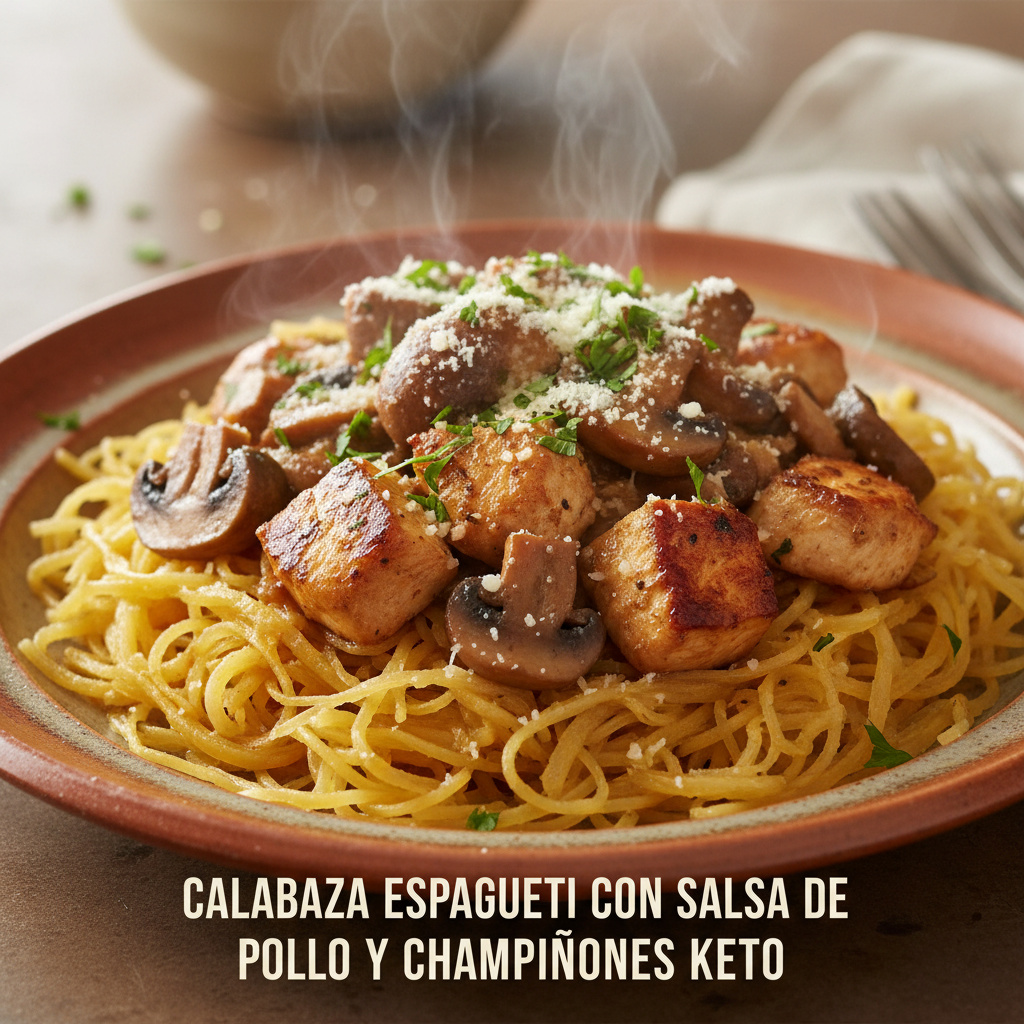 Calabaza Espagueti con Salsa de Pollo y Champiñones Keto