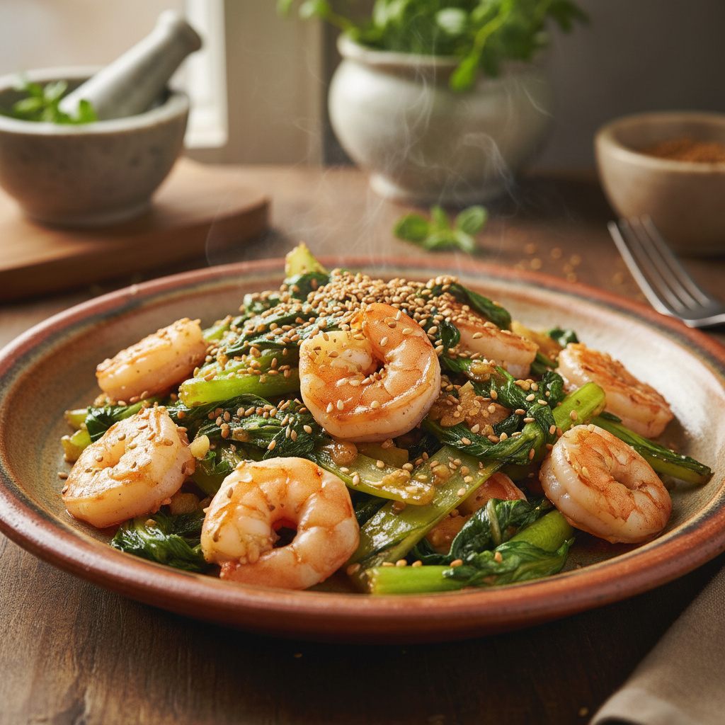Bok Choy Salteado con Camarones y Sésamo Keto