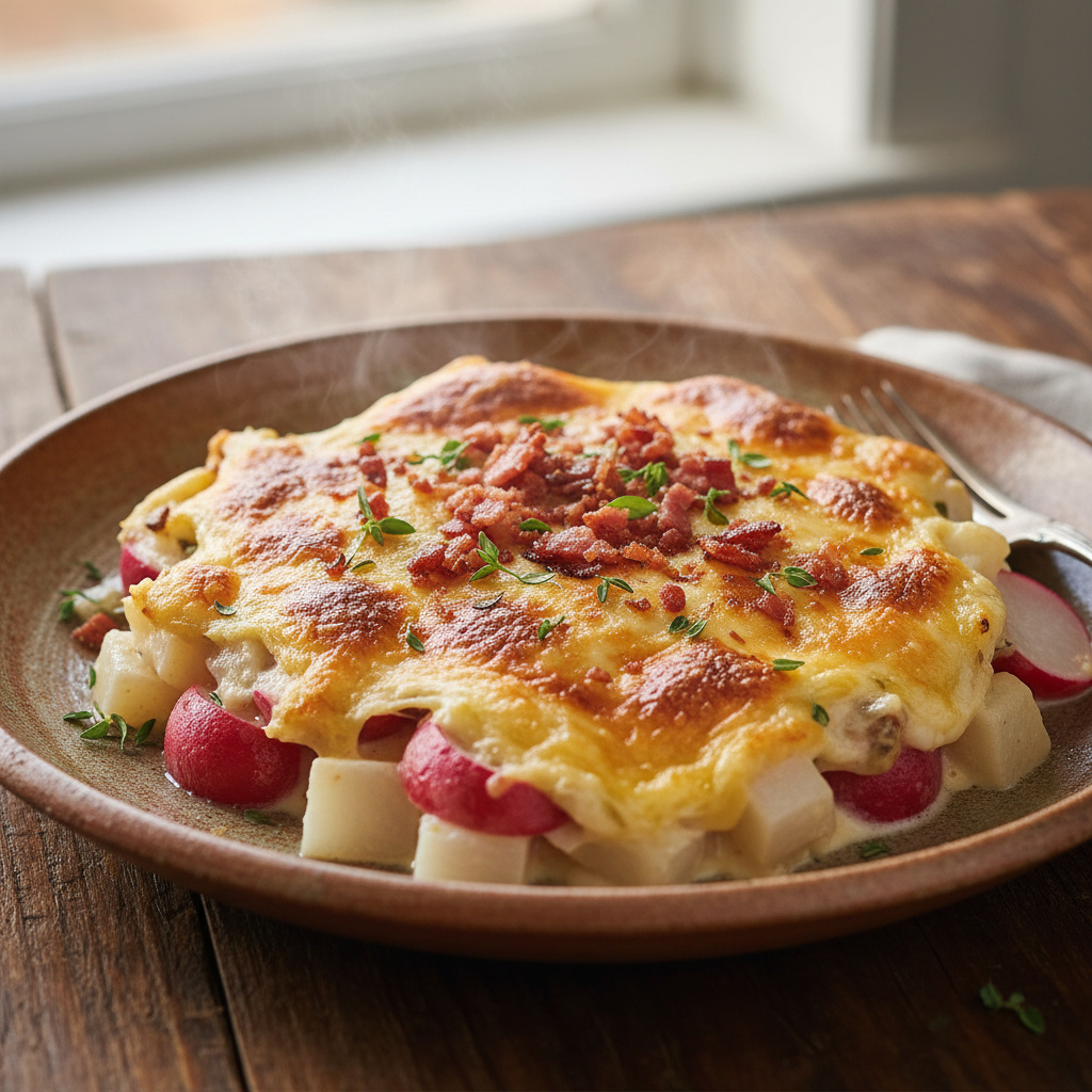 Rábanos y Nabos Gratinados con Queso y Tocino Keto