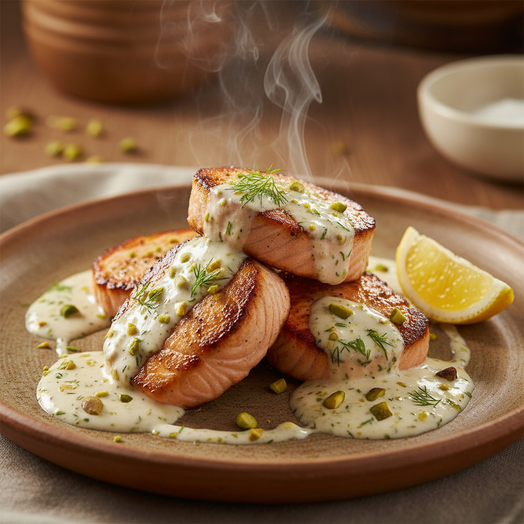 Tournedos de Salmón con Salsa de Crema de Coco y Pistachos Keto