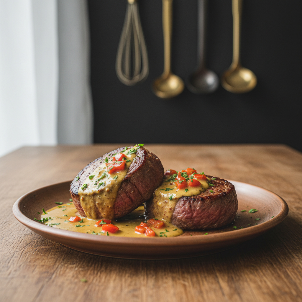 Tournedos de Ternera con Salsa de Mostaza y Pimiento Keto