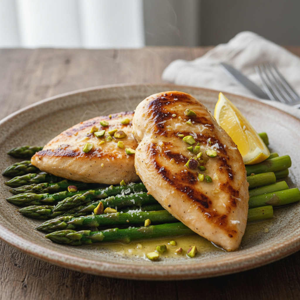 Espárragos Frescos con Pollo al Limón y Pistachos Keto