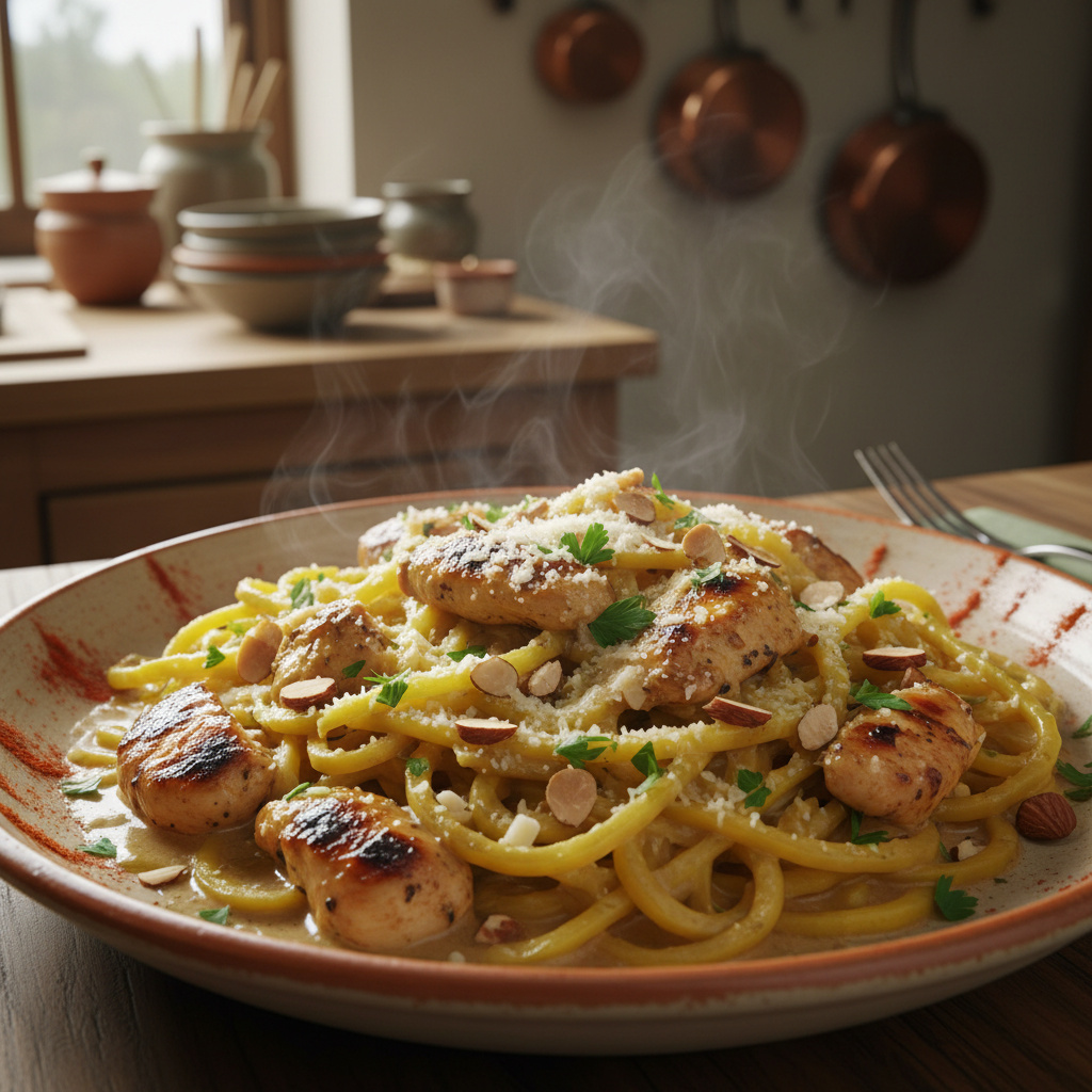 Calabaza Espagueti con Salsa de Pollo y Almendras Keto