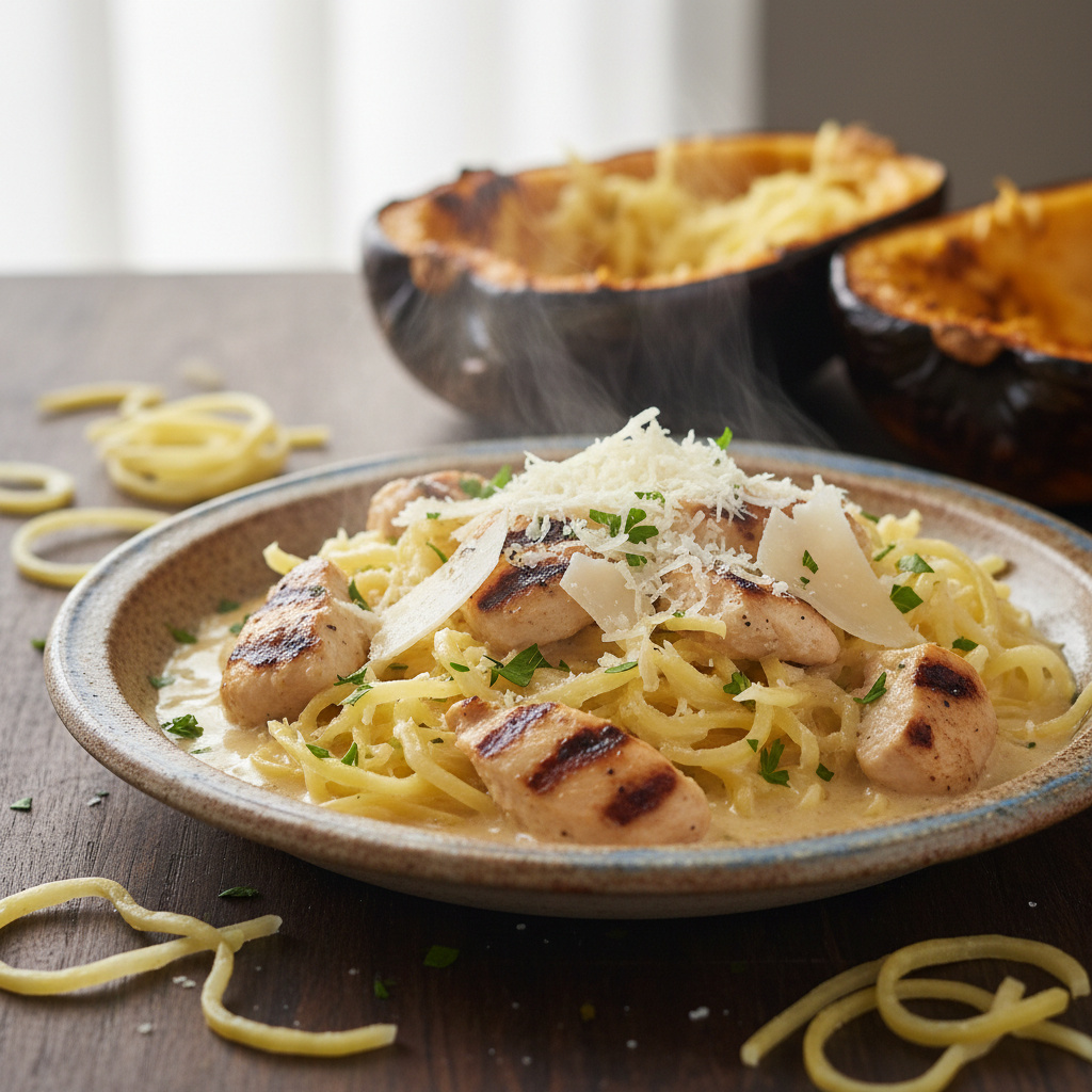 Calabaza Espagueti con Pollo Cremoso Keto