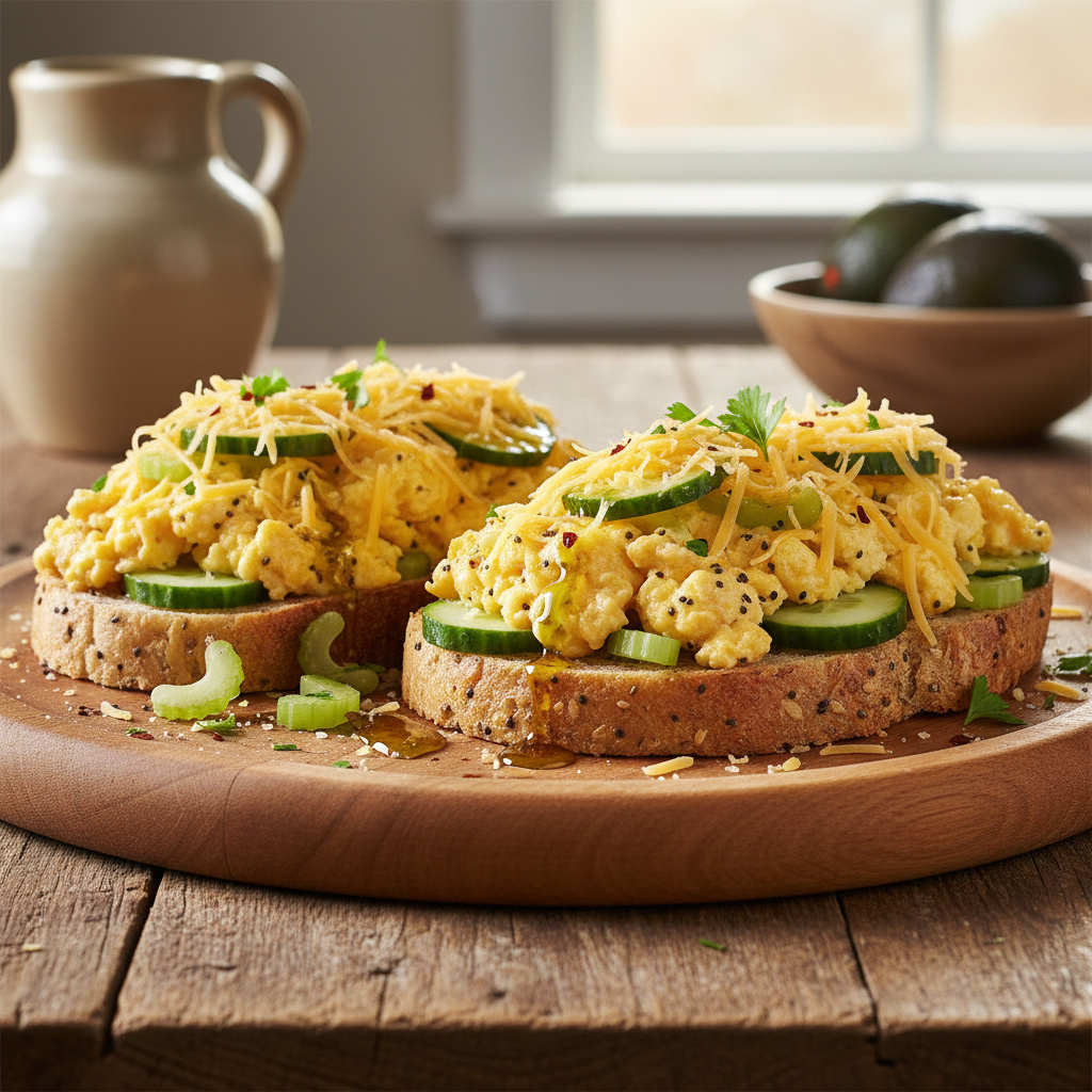 Tostada de Apio y Pepino con Huevo Revuelto Keto