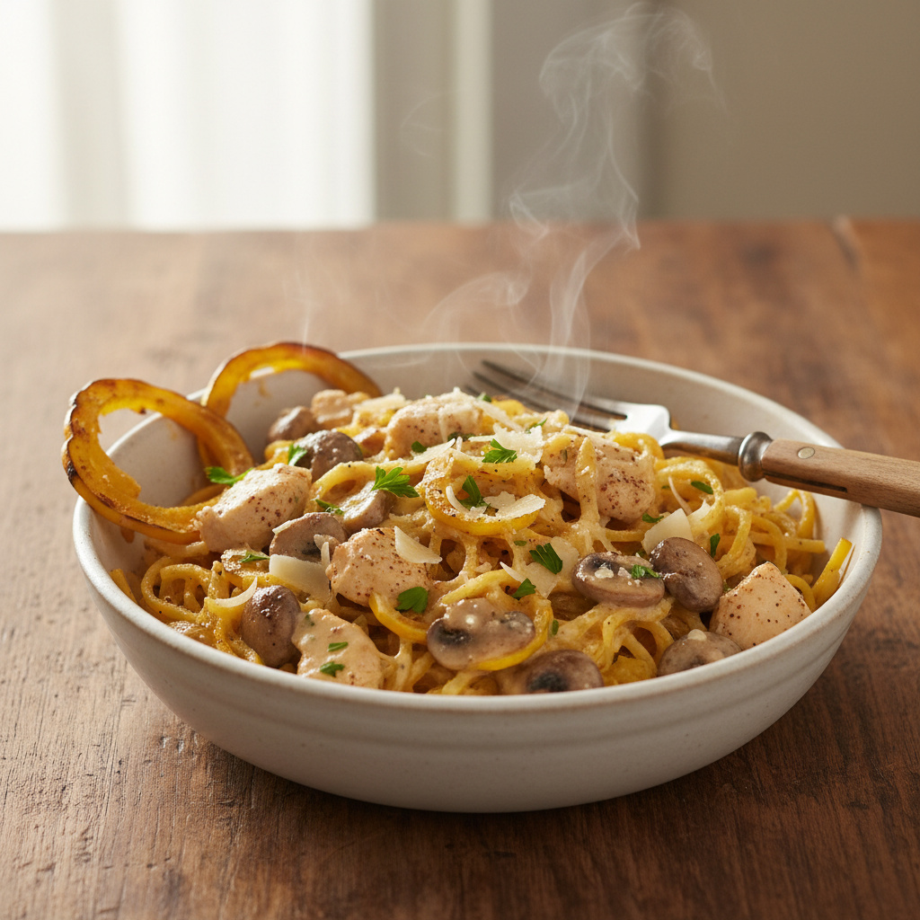 Calabaza Espagueti con Salsa Cremosa de Pollo y Champiñones Keto