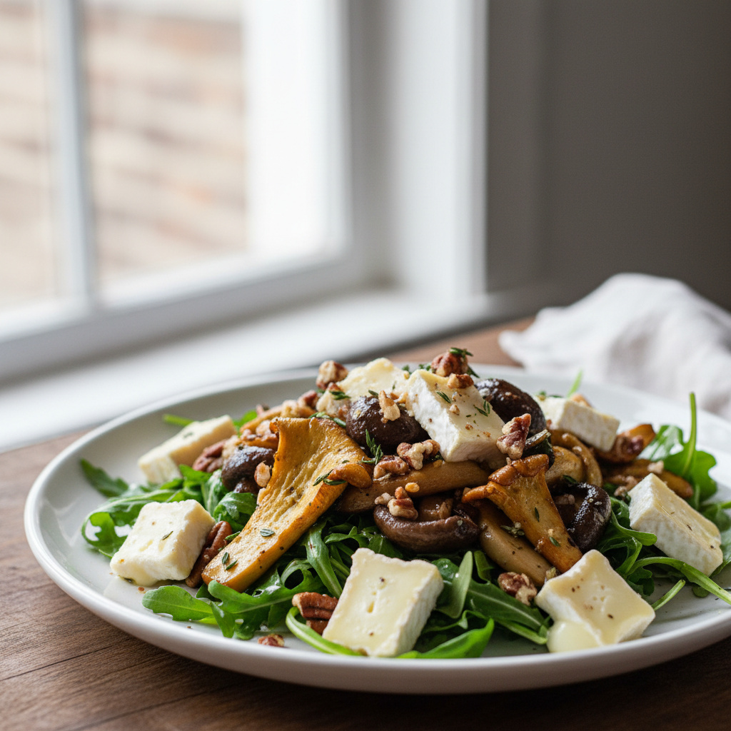 Ensalada Templada de Setas y Champiñones con Queso Brie y Vinagreta de Tomillo