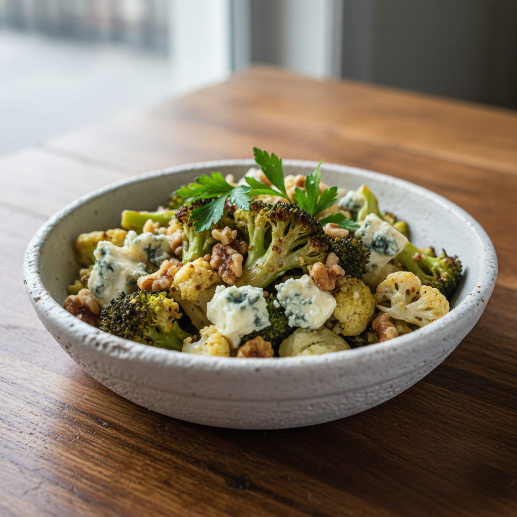 Ensalada Crujiente de Brócoli y Coliflor con Queso Azul y Nueces Keto