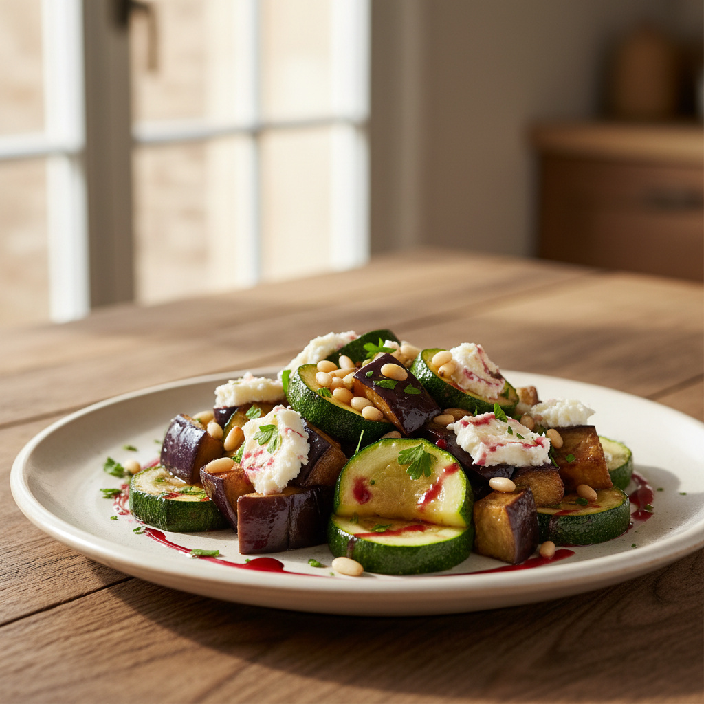 Ensalada Templada de Berenjena y Calabacín con Queso de Cabra y Piñones