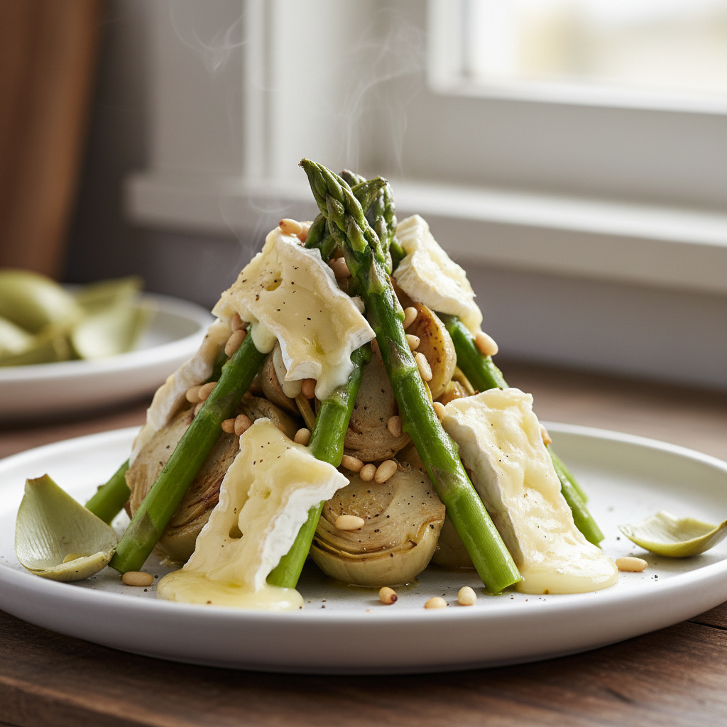 Timbal de Alcachofas y Espárragos con Queso Brie