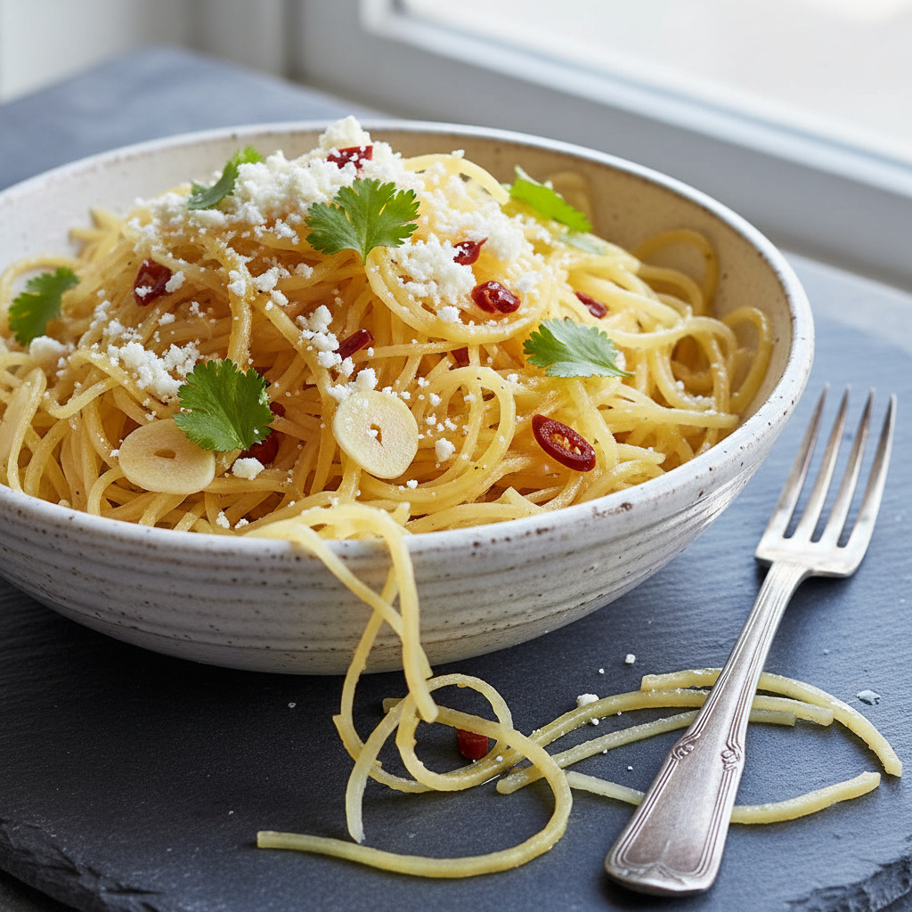 Calabaza Espagueti al Ajillo con Chipotle y Queso Cotija