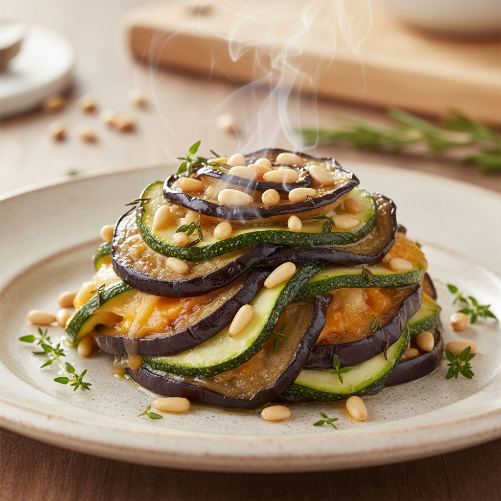 Timbal de Berenjena y Calabacín con Queso Manchego