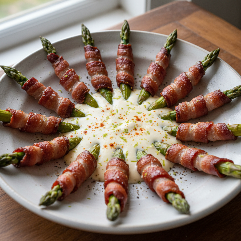 Espárragos Envueltos en Tiras de Bacón con Crema de Almendra Keto