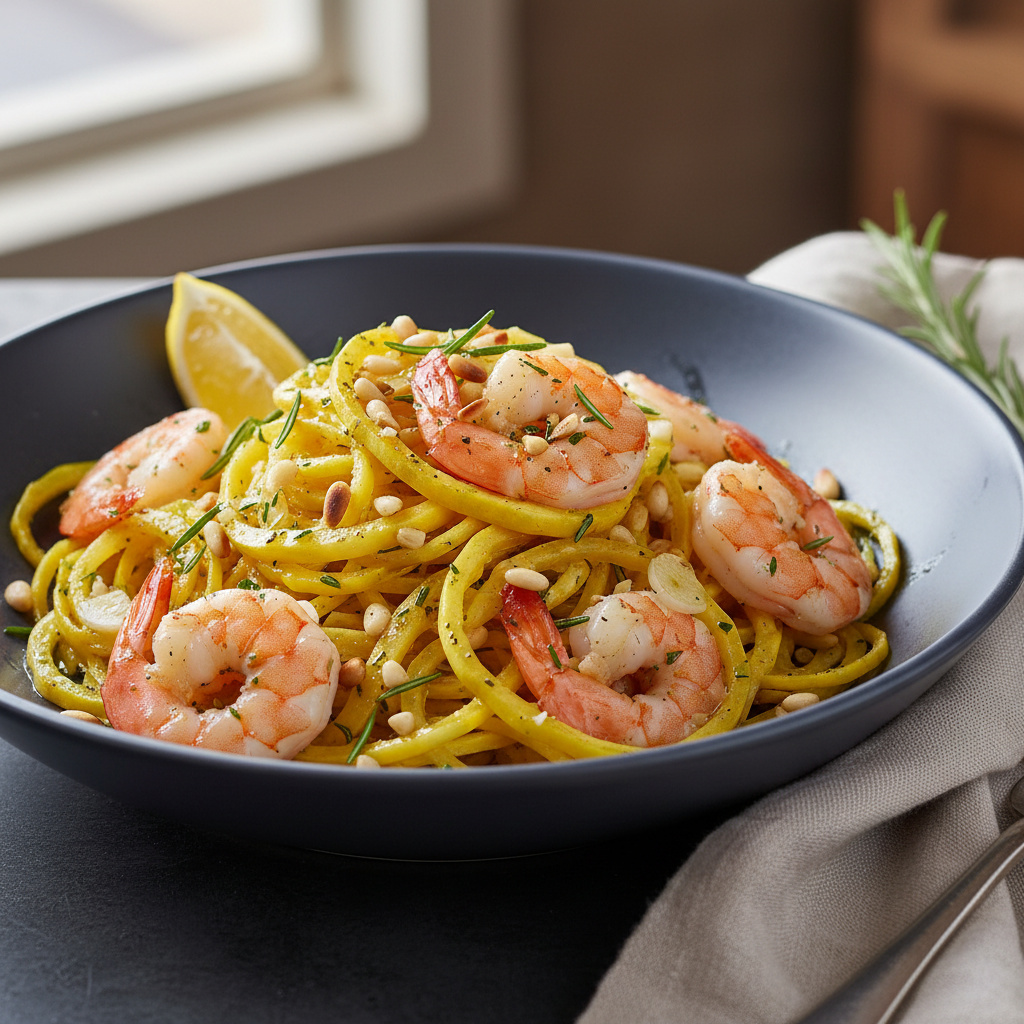 Calabaza Espagueti con Salteado de Gambas y Romero