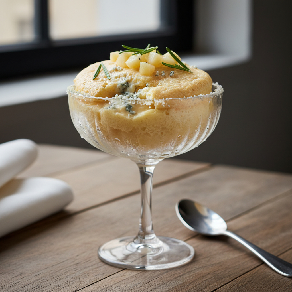 Soufflé de Queso Azul y Peras al Romero