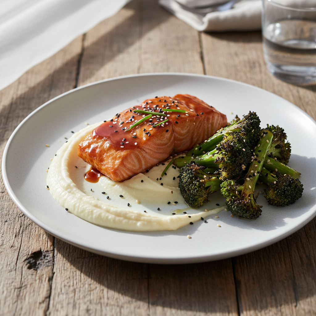 Salmón Teriyaki con Puré de Coliflor y Brócoli