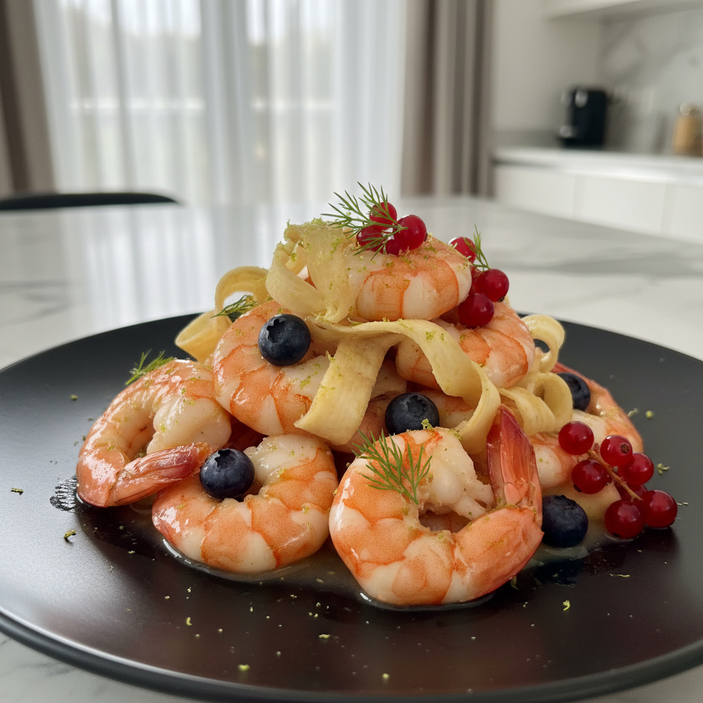 Wok de Langostinos con Chirivía y Frutas del Bosque