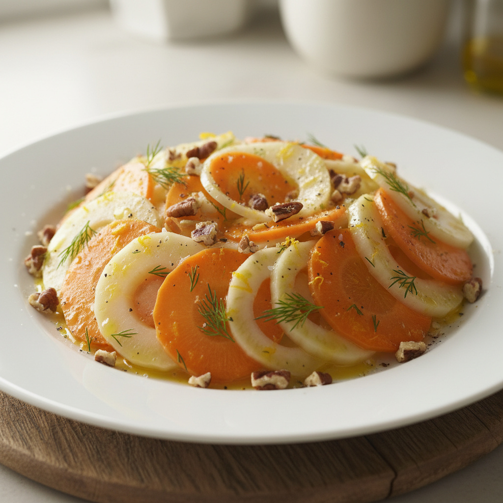Carpaccio de Hinojo y Chirivía con Vinagreta de Naranja y Eneldo