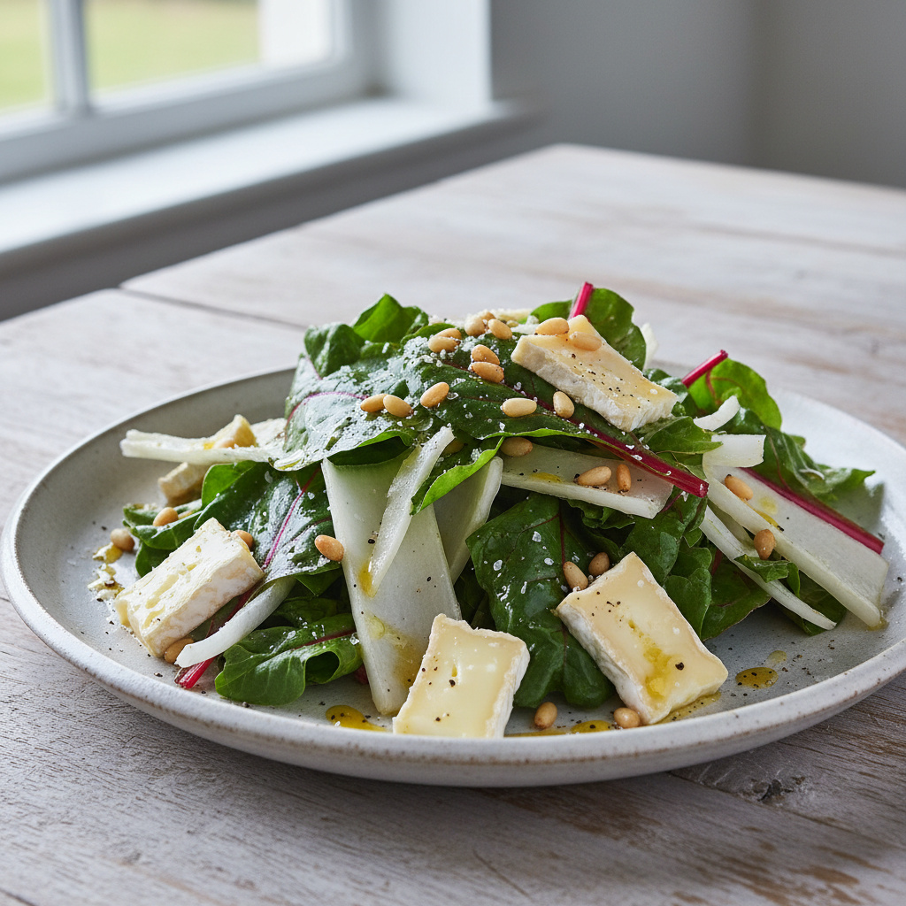 Ensalada de Acelgas con Queso Brie y Piñones