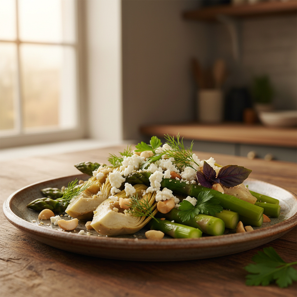 Alcachofas y Espárragos Salteados con Queso de Cabra Keto