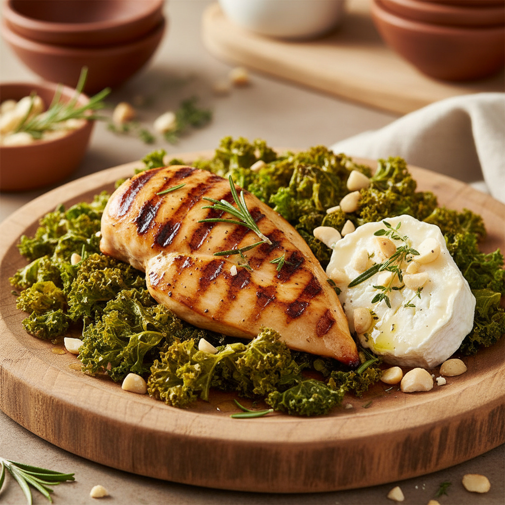 Kale Crujiente con Pollo y Queso de Cabra Keto