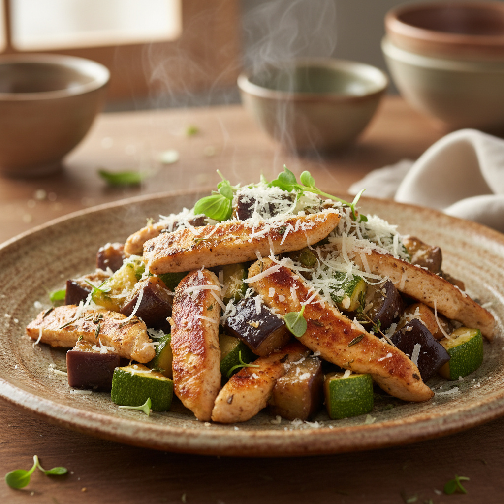 Salteado de Berenjena y Calabacín con Pollo Keto