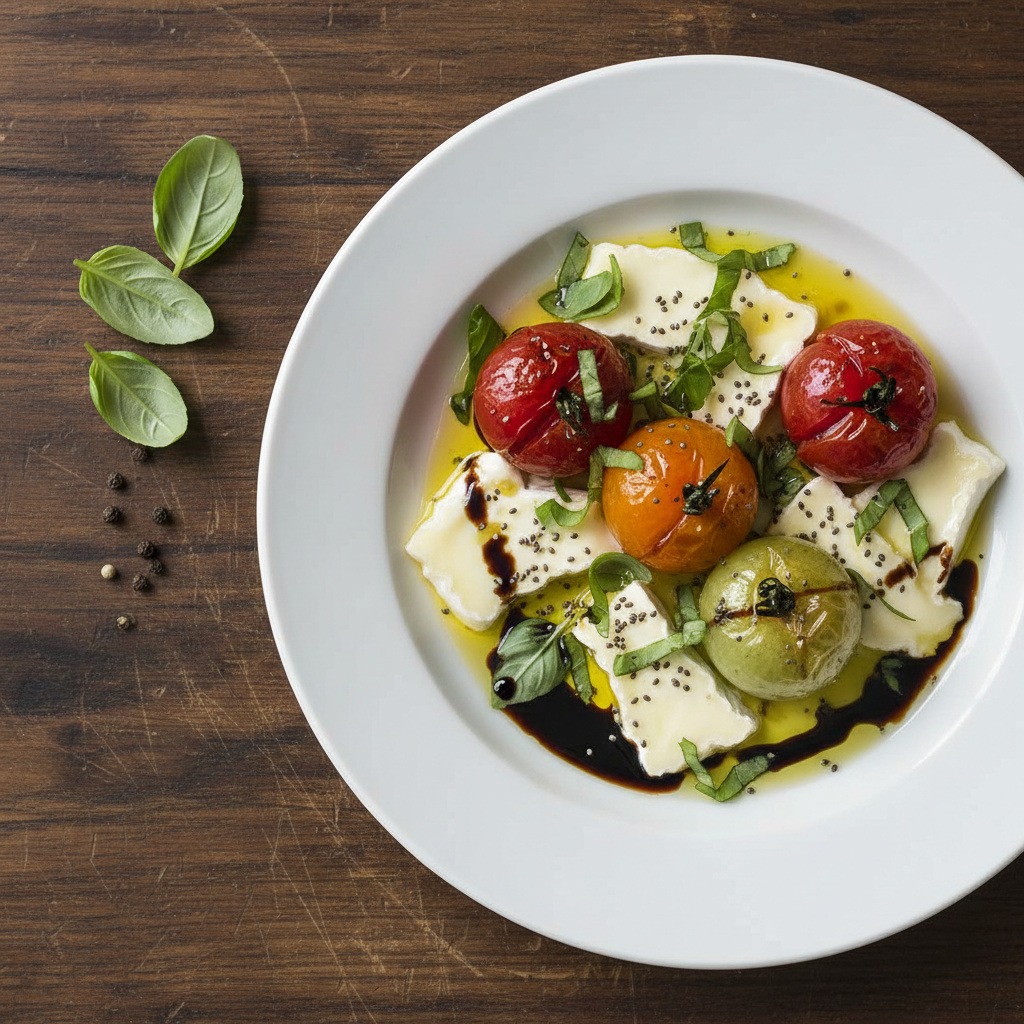 Trío de Tomates Cherry con Queso Brie y Albahaca