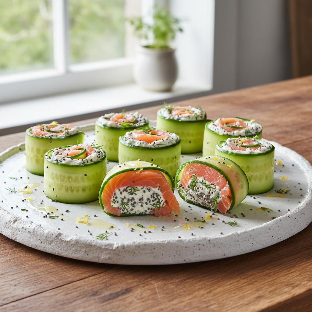 Rollitos de Pepino y Salmón con Queso Brie