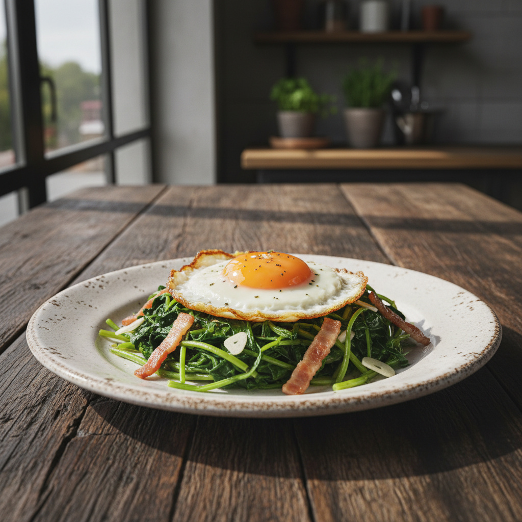 Grelos Salteados con Huevo y Panceta Crujiente