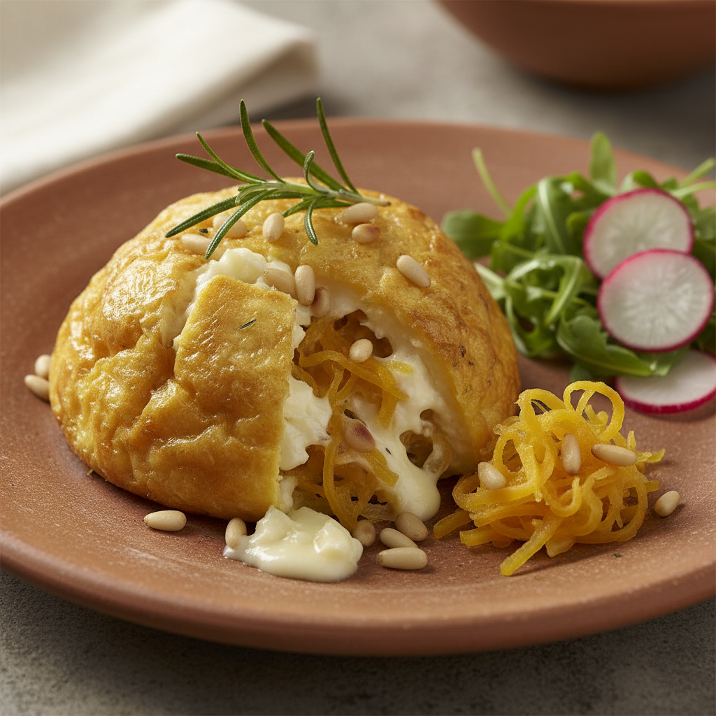 Coulant de Calabaza Espagueti con Queso Brie y Piñones