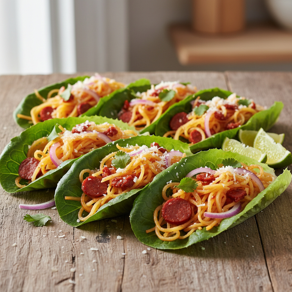 Tacos de Calabaza Espagueti con Chorizo