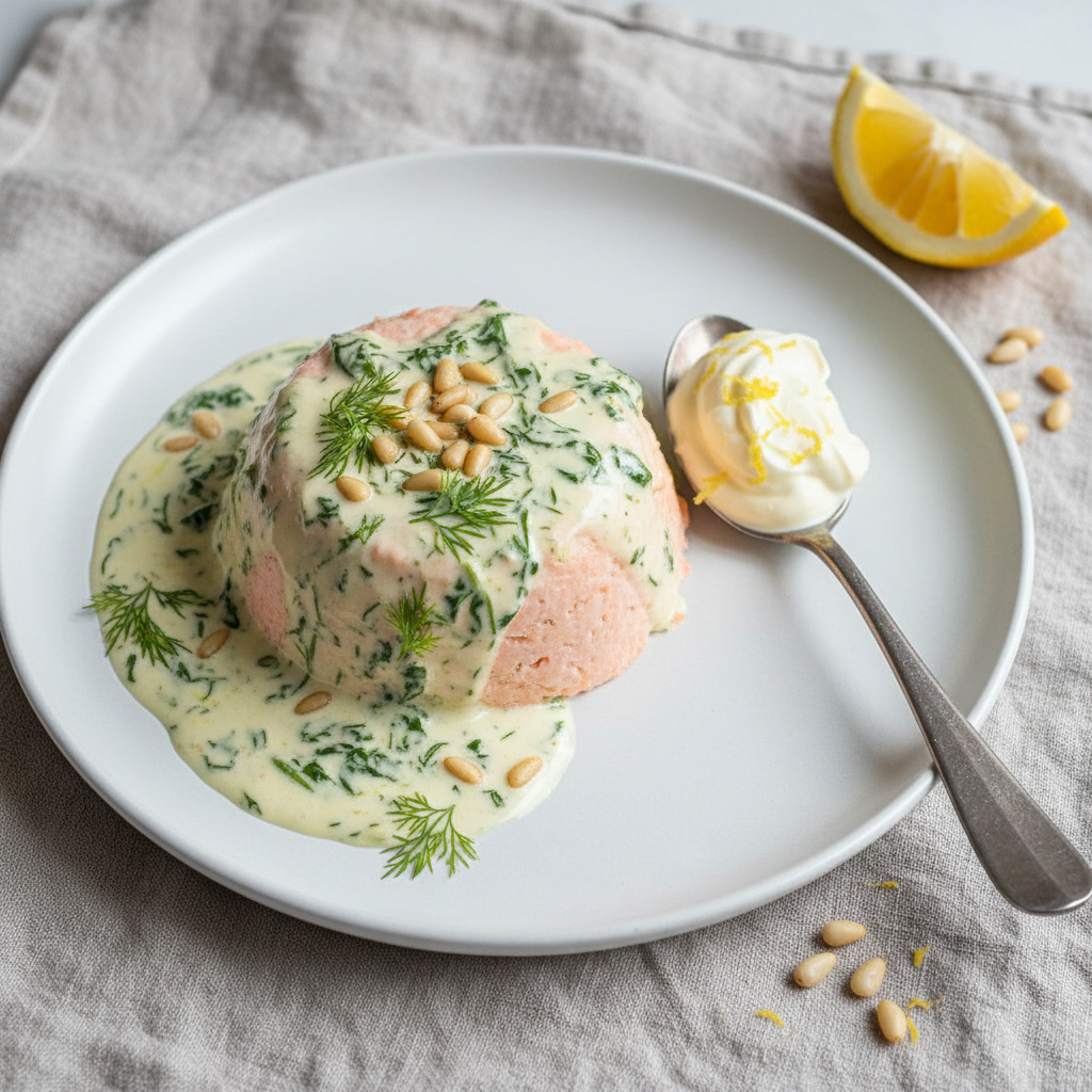 Coulant de Salmón con Crema de Acelgas y Piñones