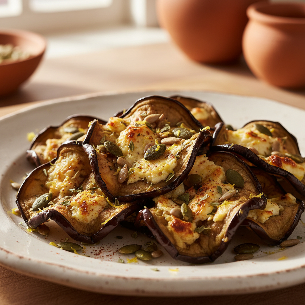 Crujientes de Berenjena y Queso Feta con Semillas