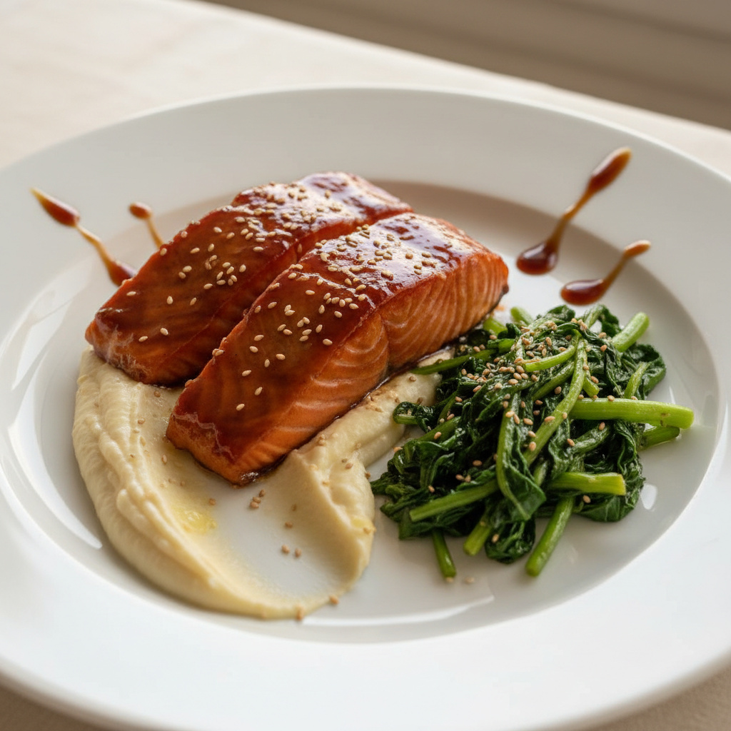 Salmón Teriyaki con Puré de Chirivía y Grelos