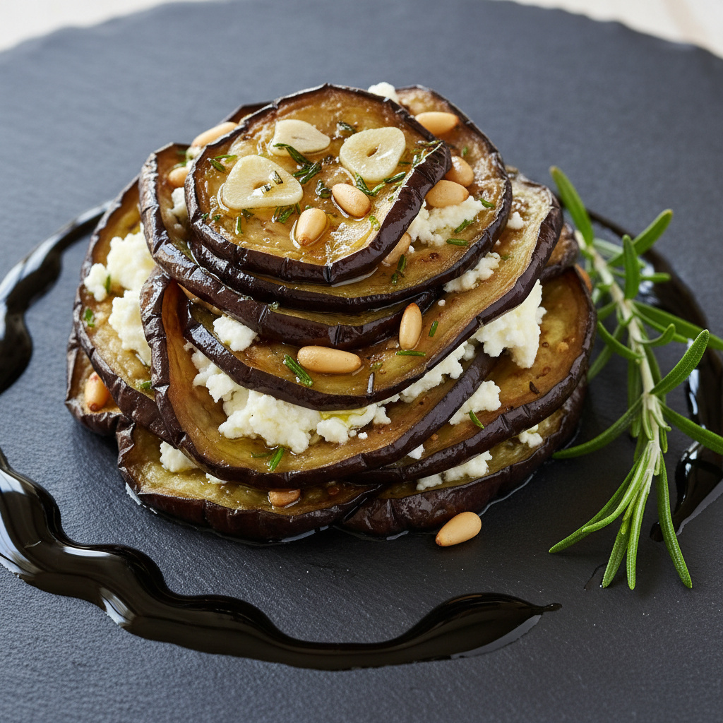 Timbal de Berenjena y Queso de Cabra al Romero
