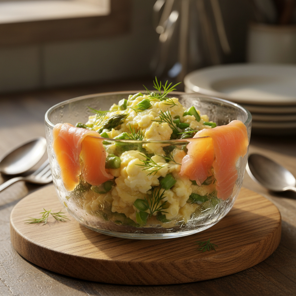 Tazón de Huevos con Espárragos y Salmón