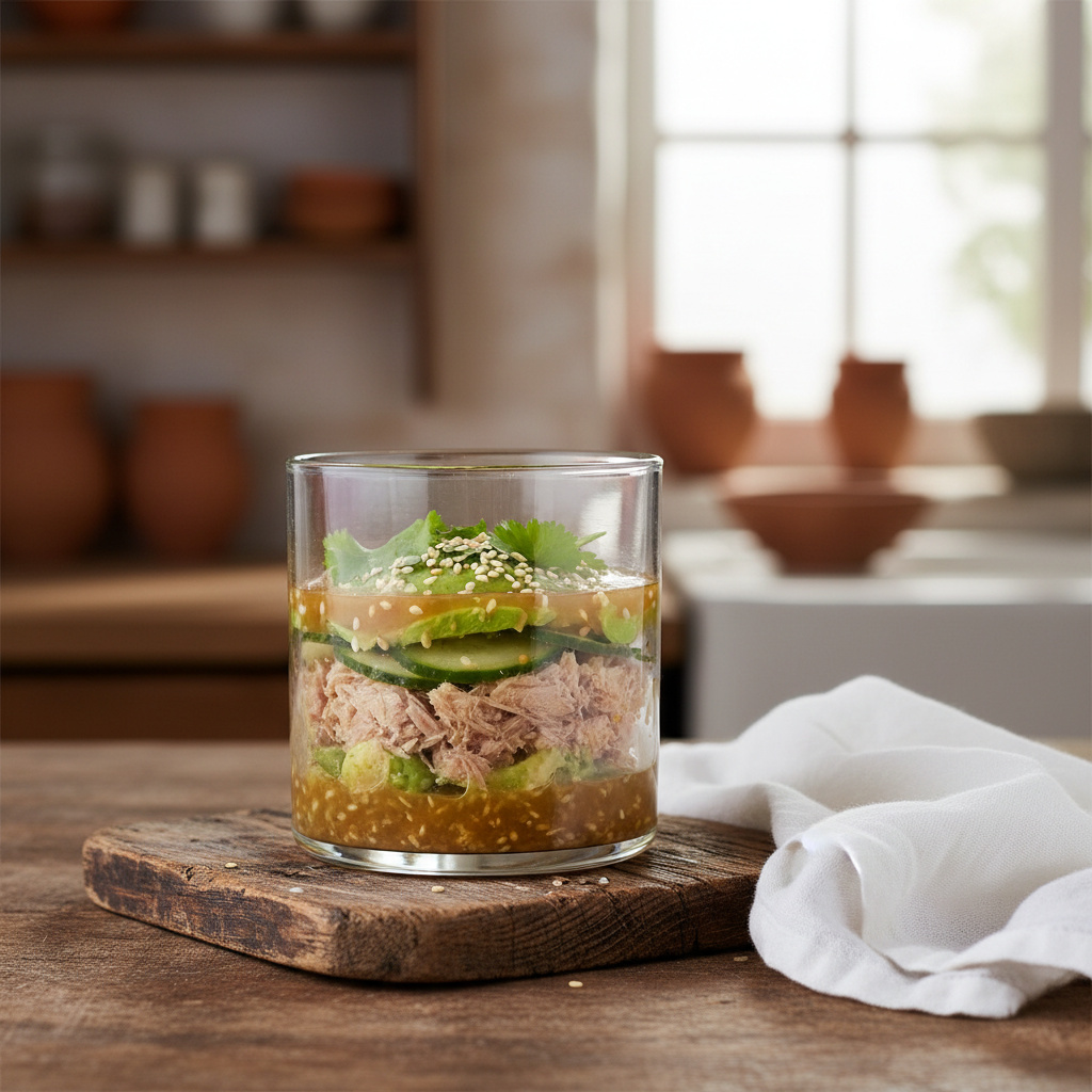 Timbal de Atún y Aguacate con Vinagreta de Jengibre