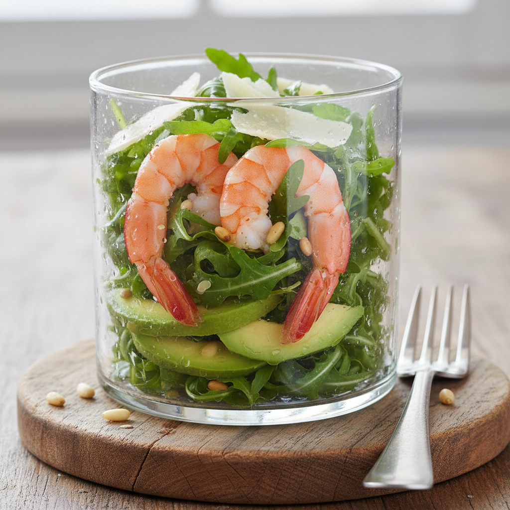 Timbal de Langostinos con Rúcula y Vinagreta de Limón