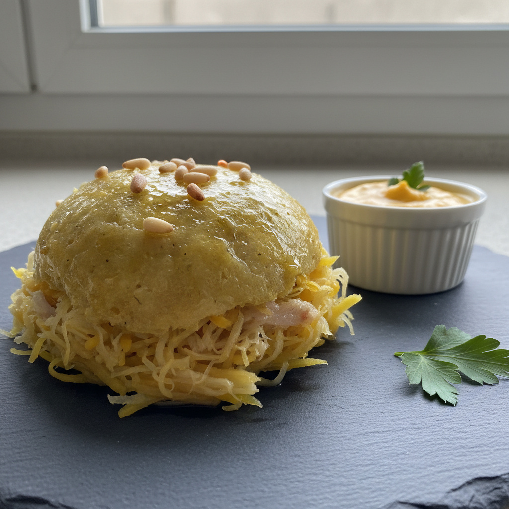 Coulant de Bacalao con Crema de Calabaza y Piñones