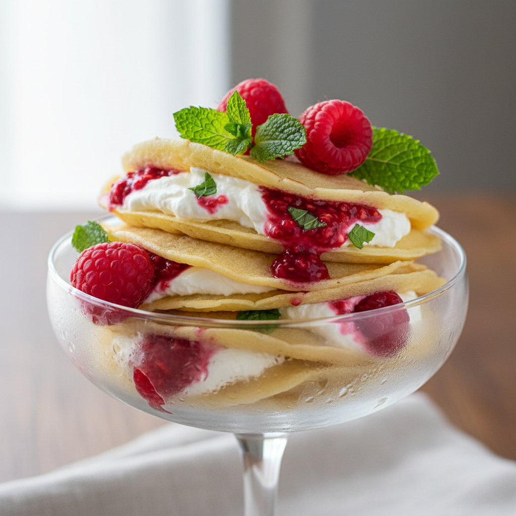 Crepes de Queso Crema con Frambuesas y Menta