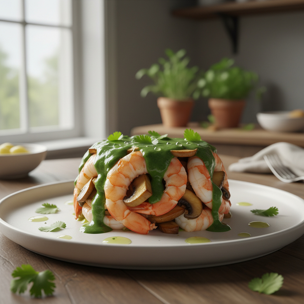 Timbal de Langostinos y Champiñones con Crema de Cilantro