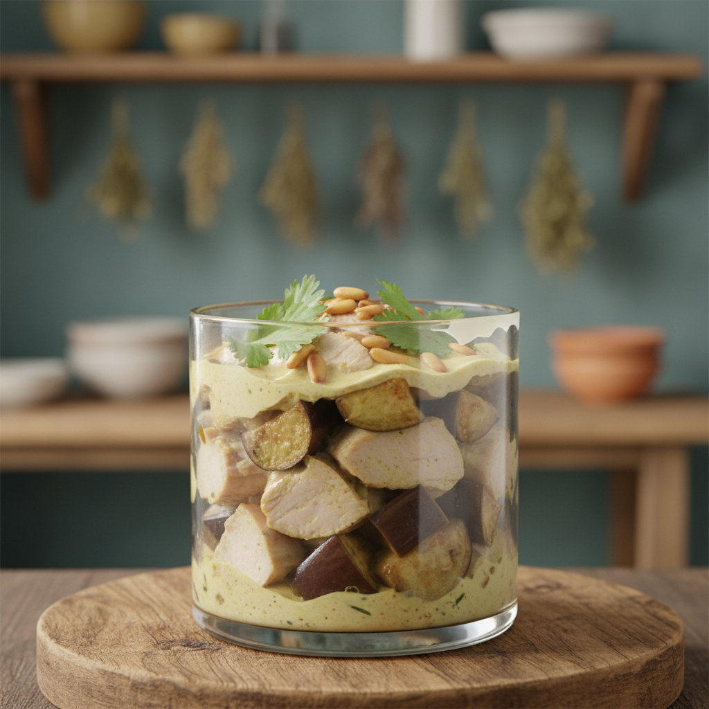 Timbal de Berenjena y Pavo con Salsa de Coco Curry