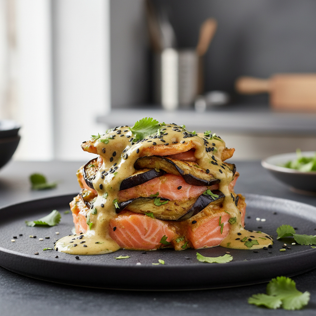 Timbal de Salmón y Berenjena con Crema de Coco Curry